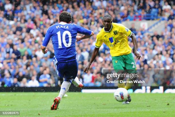 Juan Mata of Chelsea scores during the Barclays Premier League match between Chelsea and Norwich City at Stamford Bridge on August 27, 2011 in...