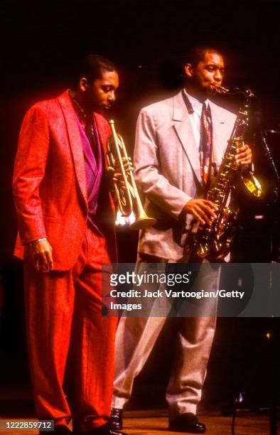 American brothers Jazz composer and musician Wynton Marsalis , on trumpet, and Branford Marsalis, on tenor saxophone, perform during Jazz at Lincoln...