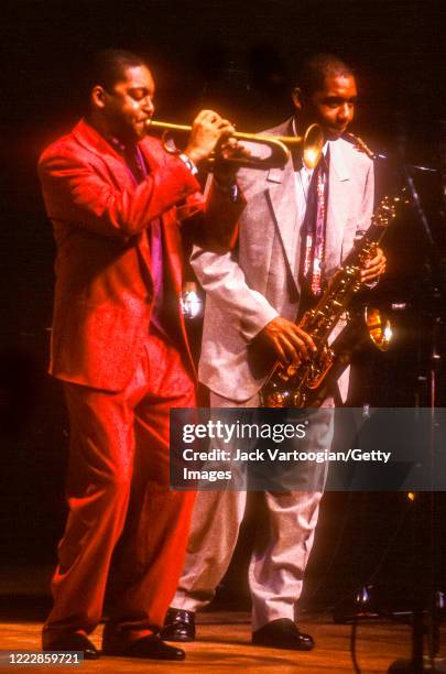 American brothers Jazz composer and musician Wynton Marsalis , on trumpet, and Branford Marsalis, on tenor saxophone, perform during Jazz at Lincoln...