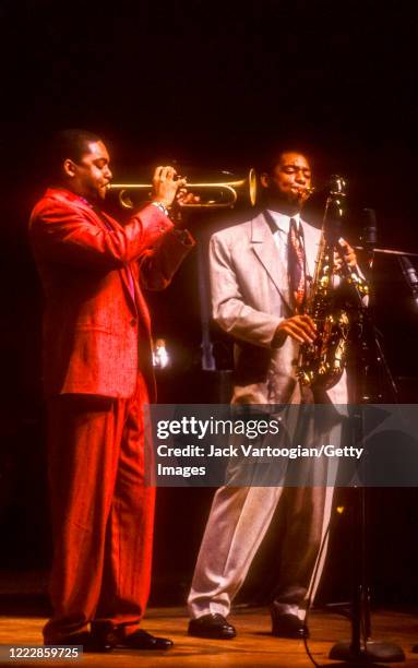 American brothers Jazz composer and musician Wynton Marsalis , on trumpet, and Branford Marsalis, on tenor saxophone, perform during Jazz at Lincoln...