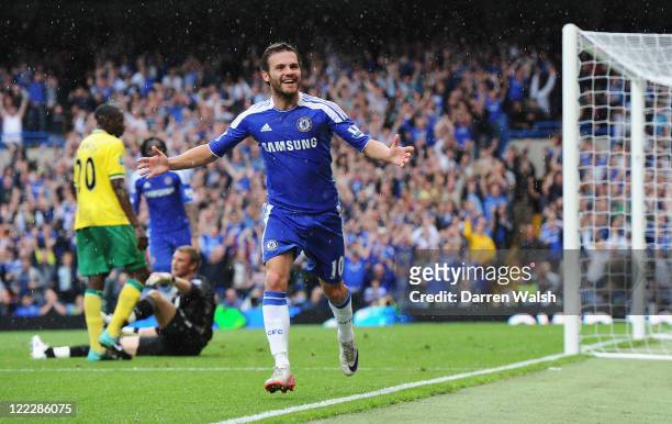 Juan Mata of Chelsea celebrates after scoring during the Barclays Premier League match between Chelsea and Norwich City at Stamford Bridge on August...