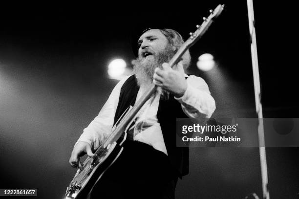 American Rock musician Dusty Hill, of the group ZZ Top, performs onstage at the Aragon Ballroom, Chicago, Illinois, March 14, 1980.