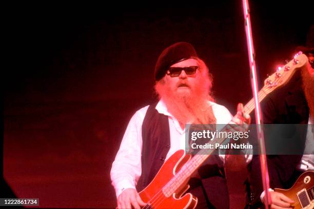 American Rock musician Dusty Hill, of the group ZZ Top, performs onstage at the Aragon Ballroom, Chicago, Illinois, March 14, 1980.