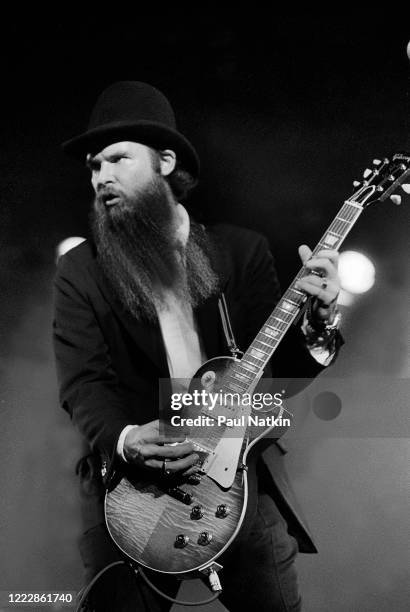 American Rock musician Billy Gibbons, of the group ZZ Top, performs onstage at the Aragon Ballroom, Chicago, Illinois, March 14, 1980.