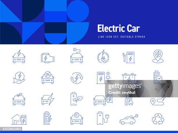 illustrations, cliparts, dessins animés et icônes de ensemble d’icônes de ligne liées à la voiture électrique. accident vasculaire cérébral modifiable. icônes de contour simple. - voiture electrique