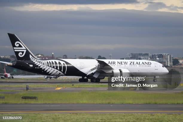 An Air New Zealand Boeing 787 jet lands at Kingsford Smith International on April 30, 2020 in Sydney, Australia.