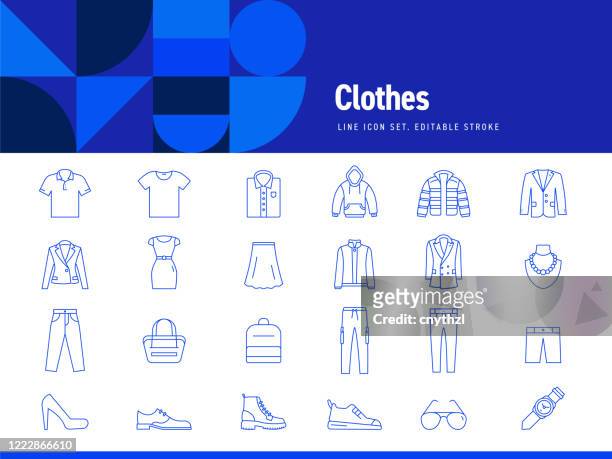 set of clothes related line icons. editable stroke. simple outline icons. - closet stock illustrations