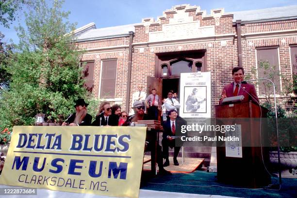 Carnegie Public Library’s Delta Blues Museum director Sid Graves speaks during a presentation ceremony outside the Carnegie Public Library’s Delta...