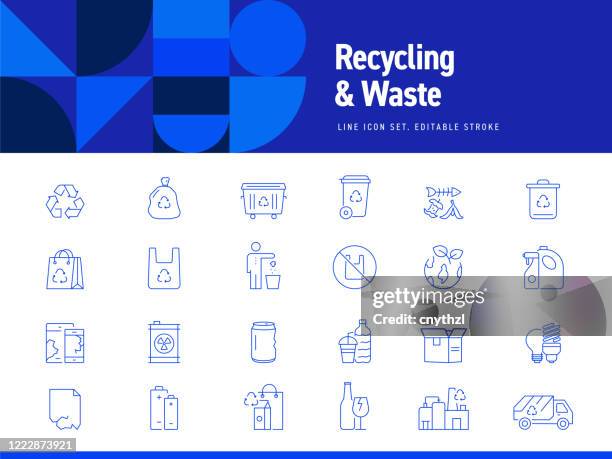 set of recycling, waste management and zero waste related line icons. editable stroke. simple outline icons. - garbage bag stock illustrations