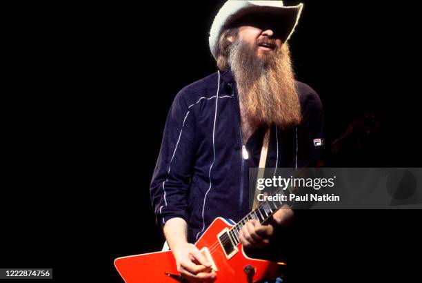 American Rock musician Billy Gibbons, of the group ZZ Top, performs onstage at the Poplar Creek Music Theater, Hoffman Estates, Illinois, September...