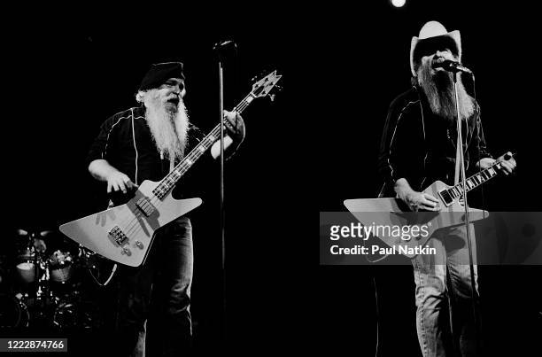 American Rock musicians Dusty Hill and Billy Gibbons, both of the group ZZ Top, perform onstage at the Poplar Creek Music Theater, Hoffman Estates,...