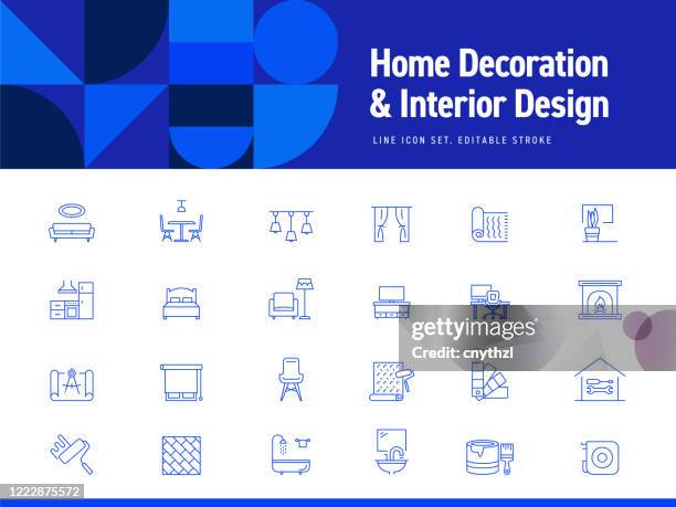 satz von innenarchitektur und home decoration verwandte linie icons. bearbeitbarer strich. einfache gliederung saum-symbole. - innenarchitekt stock-grafiken, -clipart, -cartoons und -symbole