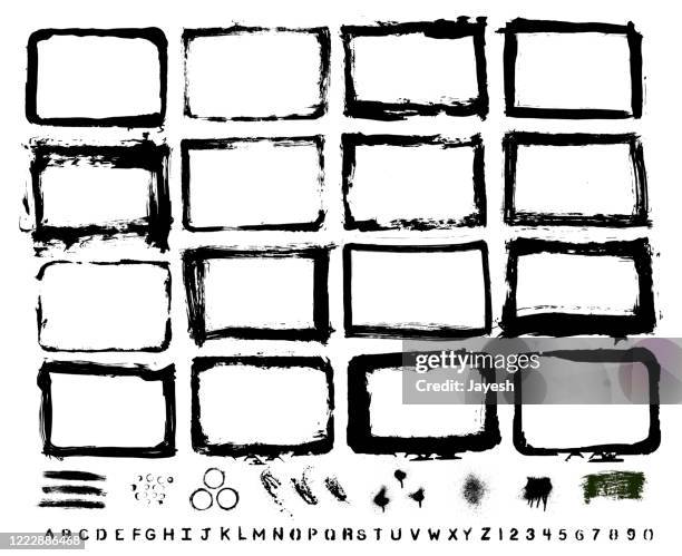 designer essentials: painted borders, paint splashes, hand stenciled letters, designer set collection kit - mood board stock illustrations