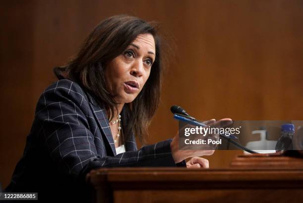 Sen. Kamala Harris speaks at a hearing of the Homeland Security Committee attended by acting U.S. Customs and Border Protection Commissioner Mark...