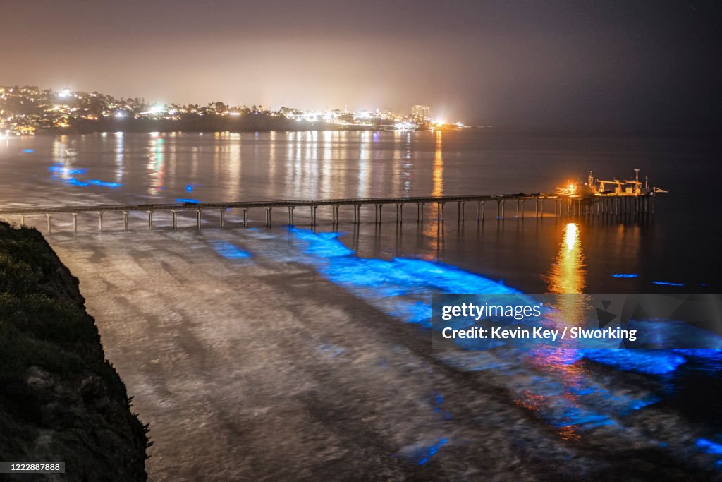 Bioluminescent red tide at Scripps Pier in San Diego