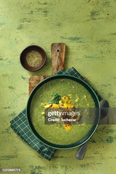 summer creamy asparagus and pea soup with corn and chicken - pea soup stock pictures, royalty-free photos & images