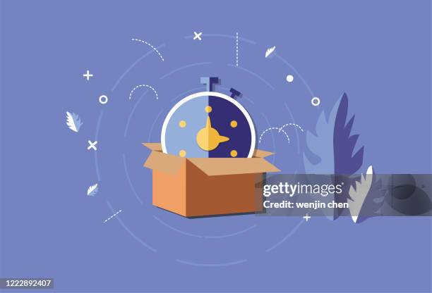 express box and clock, delivered on time, e-commerce graphics - warehouse tablet stock illustrations