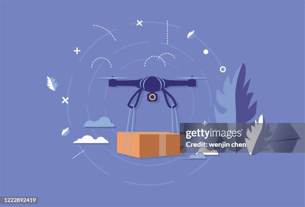drone delivery express box, e-commerce graphics - warehouse tablet stock illustrations