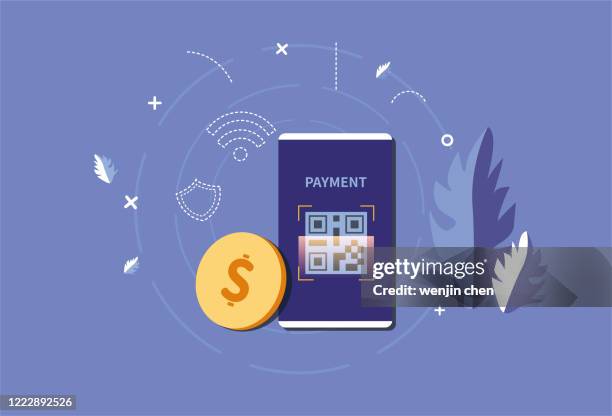 mobile phone scans qr code and usd, cashless transaction, mobile payment - qr code scanning stock illustrations