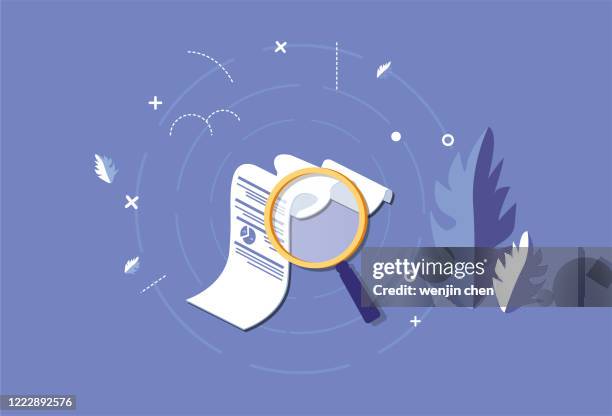 document and magnifying glass, document search, information search - vision statement stock illustrations