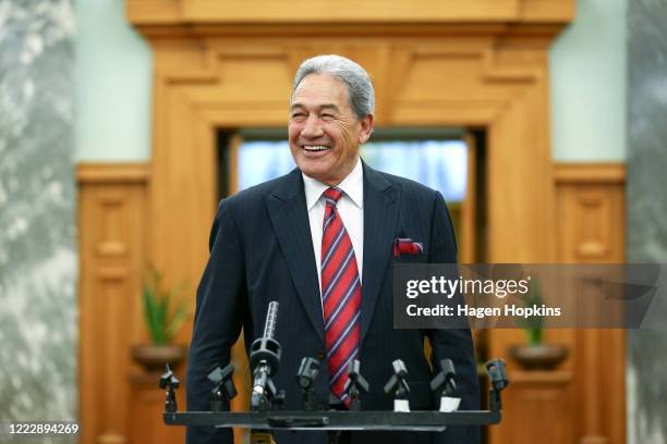 Deputy Prime Minister Winston Peters speaks to media on his way to the House at Parliament on May 05, 2020 in Wellington, New Zealand. No new...