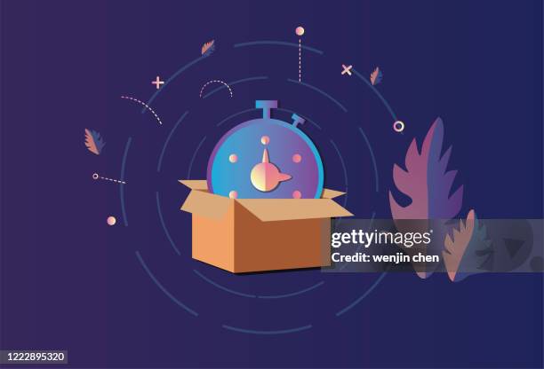 express box and clock, delivered on time, e-commerce graphics - warehouse tablet stock illustrations