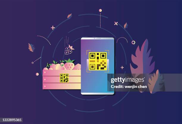 ilustraciones, imágenes clip art, dibujos animados e iconos de stock de escanea el código qr en el teléfono móvil para comprar fruta sin transacción en efectivo - qr-code-scan-icon