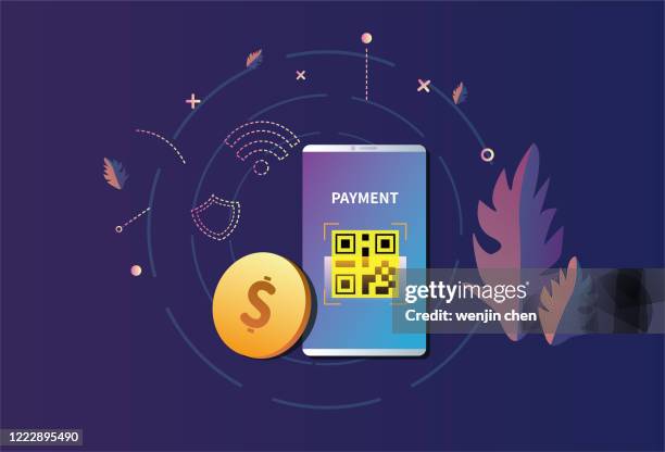 ilustraciones, imágenes clip art, dibujos animados e iconos de stock de el teléfono móvil escanea el código qr y usd, transacción sin efectivo, pago móvil - qr-code-scan-icon