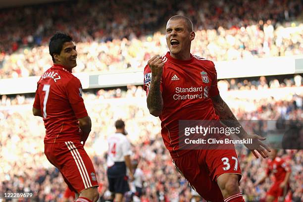 Martin Skrtel of Liverpool celebrates scoring his side's second goal during the Barclays Premier League match between Liverpool and Bolton Wanderers...