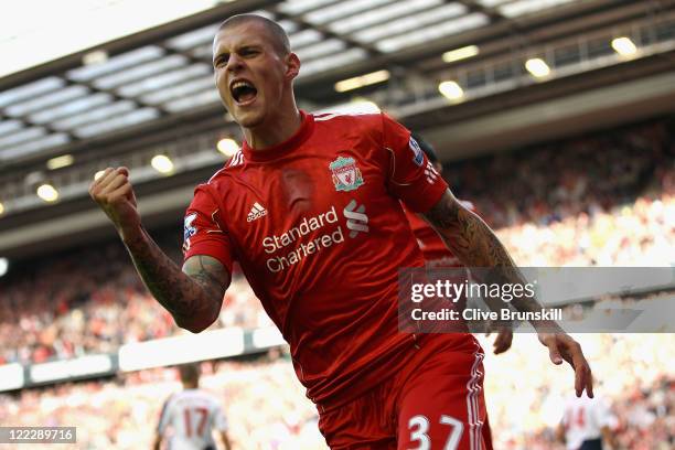 Martin Skrtel of Liverpool celebrates scoring his side's second goal during the Barclays Premier League match between Liverpool and Bolton Wanderers...