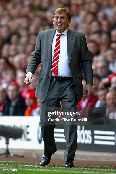 Liverpool manager Kenny Dalglish shouts orders to his team during the Barclays Premier League match between Liverpool and Bolton Wanderers at Anfield...