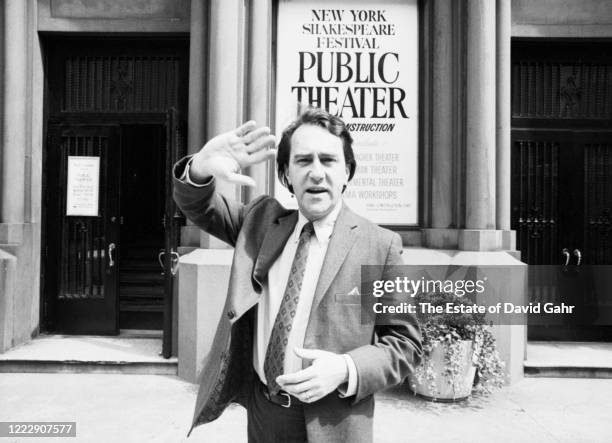 Legendary American theater producer and director Joseph Papp poses for a portrait on May 14, 1968 outside The Public Theater in the Astor Library...