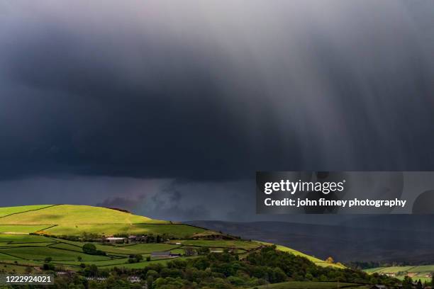 lantern pike and kinder scout estate with falling hail, peak district national park. - buxton inglaterra fotografías e imágenes de stock