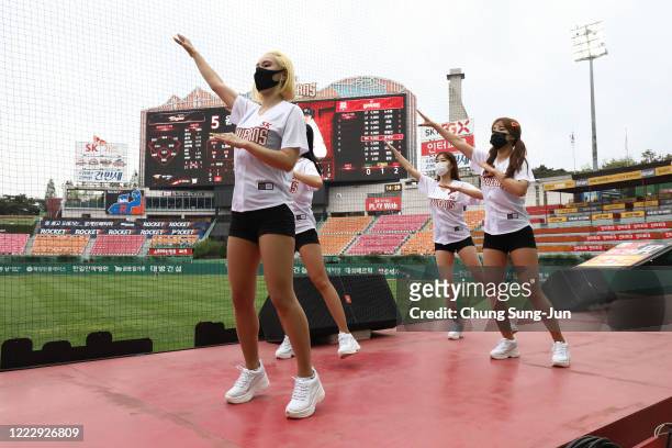 Wyverns cheerleaders at club's Happy Dream Ballpark during the Korean Baseball Organization League opening game between SK Wyverns and Hanwha Eagles...