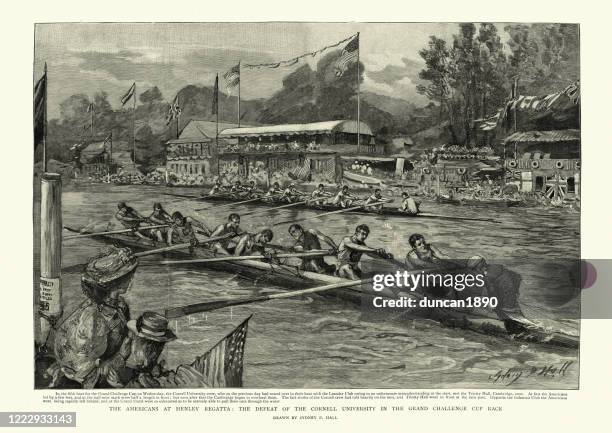 ilustraciones, imágenes clip art, dibujos animados e iconos de stock de coxed carrera de remo de ocho entre las universidades de cornell y cambridge, 1895 - rowing