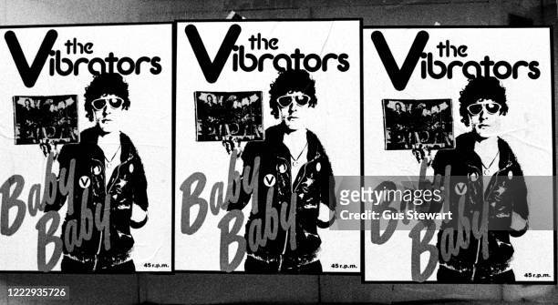 Posters promoting the release of 'Baby Baby' single by English punk band The Vibrators, May 1977.