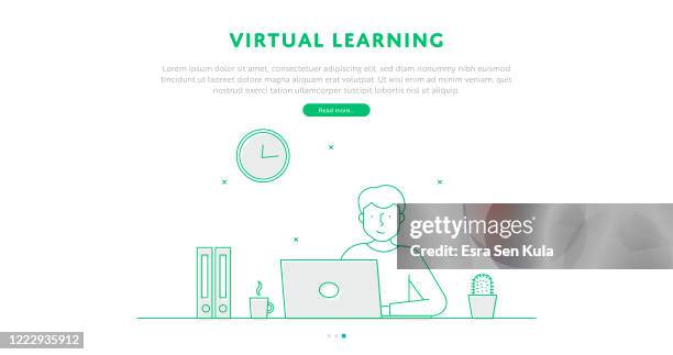 virtual learning web page concept with editable stroke line illustration. - virtual event stock illustrations