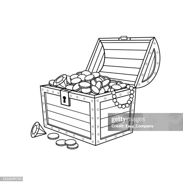 bildbanksillustrationer, clip art samt tecknat material och ikoner med illustration av en svart och vit skattkista full av guldmynt i en vit bakgrund för montering eller skapa läromedel för mammor gör hemundervisning och lärare söker efter bilder för undervisning. - skatt