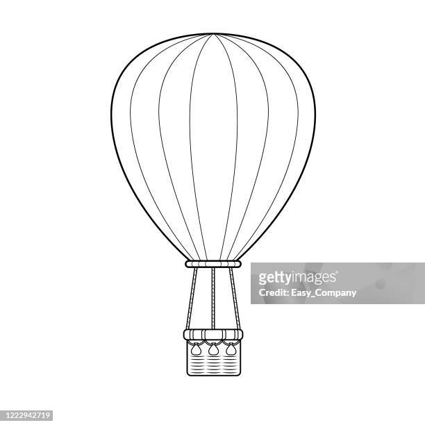 black and white vector illustration of hot air balloon isolated on white background for kids coloring activity worksheet/workbook. - hot air balloon ride stock illustrations