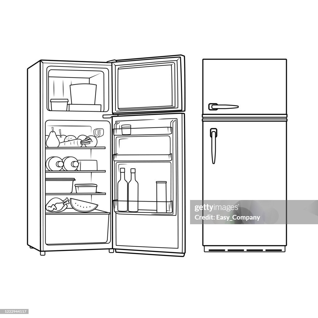 Tekening van de vooraanzicht van de rode koelkast en het openen van het binnen naar een witte achtergrond voor het monteren of het creëren van lesmateriaal voor moeders doen homeschooling en leraren op zoek naar foto's voor lesmateriaal.