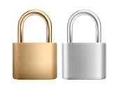 Padlock icon set. Steel and gold lock for protection privacy, web and mobile apps. Isoated on white background. EPS 10