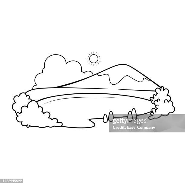 Black And White Drawing Illustration Cartoon Lake And Mountains Trees It  Can Be Used As An Icon Or As Teaching Material For Teachers Or Parents Who  Make A Home School To Make