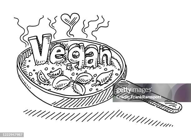 stockillustraties, clipart, cartoons en iconen met pan koken vegan food tekening - tomato stock illustrations