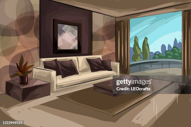 beautiful living room drawing - throw pillows stock illustrations