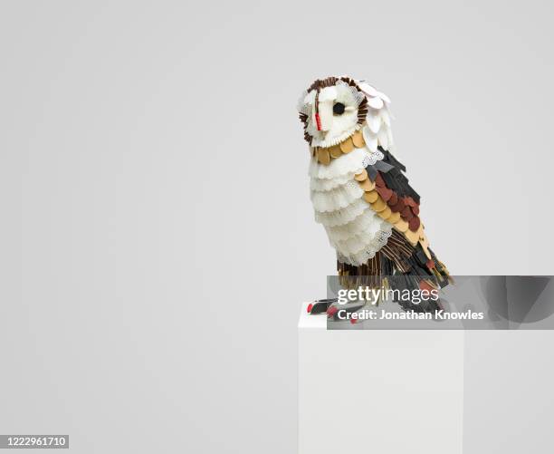 recycled owl sculpture - animal sculpture stock pictures, royalty-free photos & images