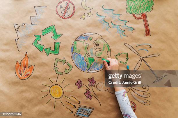 girl drawing eco friendly poster - world hands stock pictures, royalty-free photos & images