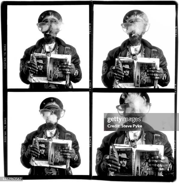 Contact sheet of portraits of Jamaican reggae and dub producer, singer and musician, Lee 'Scratch' Perry, London, 1987.