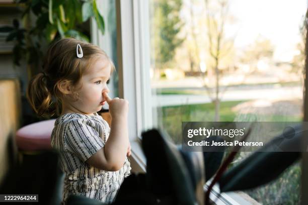 girl (2-3) picking nose and looking through window - picarse la nariz fotografías e imágenes de stock