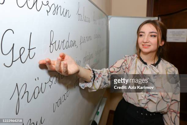 Literature teacher during an online class School-Lyceum N6 on May 5, 2020 in Baku, Azerbaijan. The Azerbaijan schools resumed classes in online...