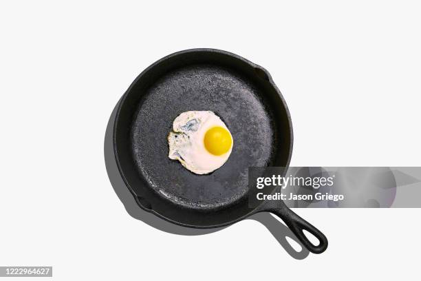 overhead view of fried egg on frying pan on white background - setzei stock-fotos und bilder